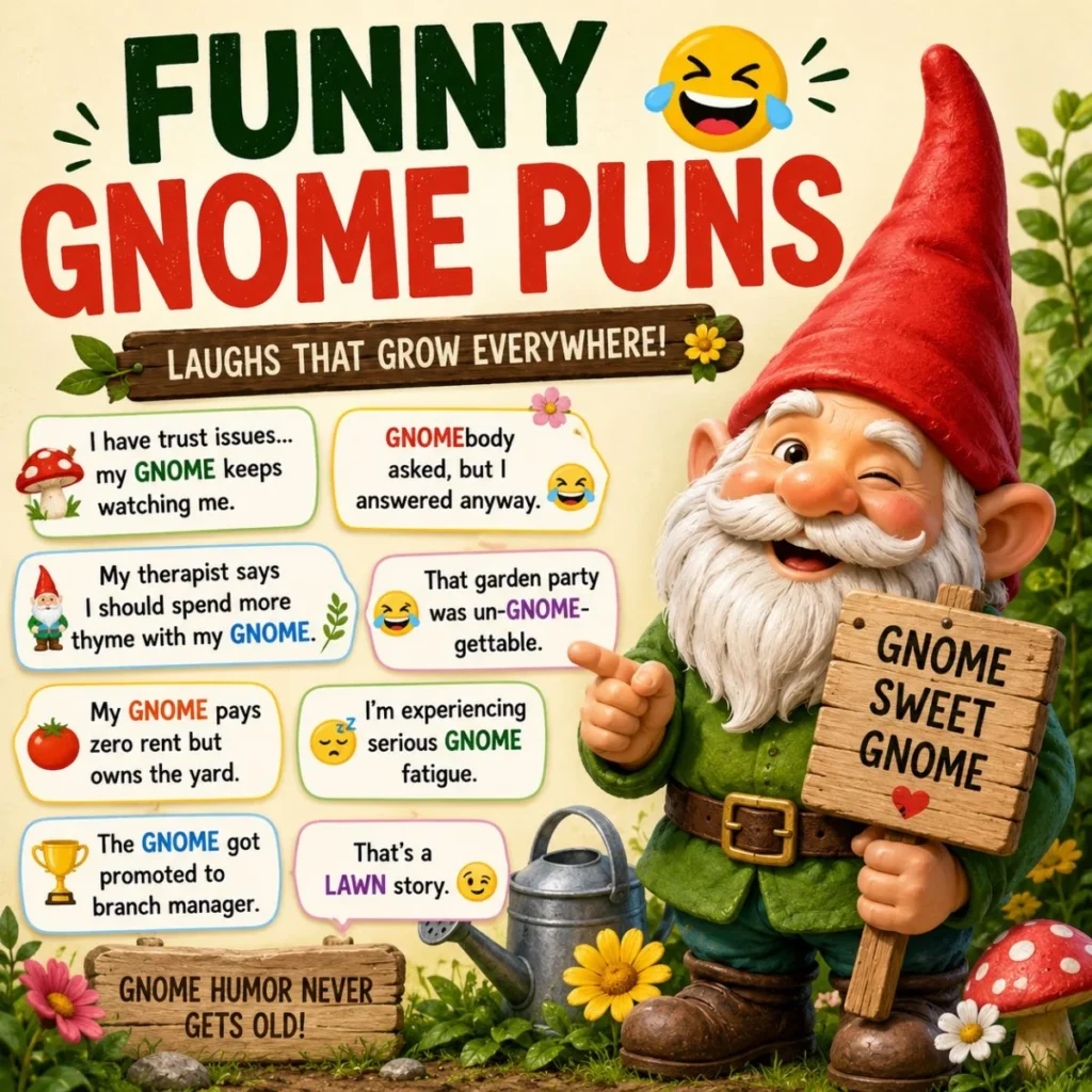 Funny garden gnome illustration with clever gnome puns, colorful speech bubbles, flowers, and whimsical garden humor