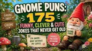 Colorful garden gnome illustration with funny gnome puns and whimsical flowers for a humorous gnome puns collection