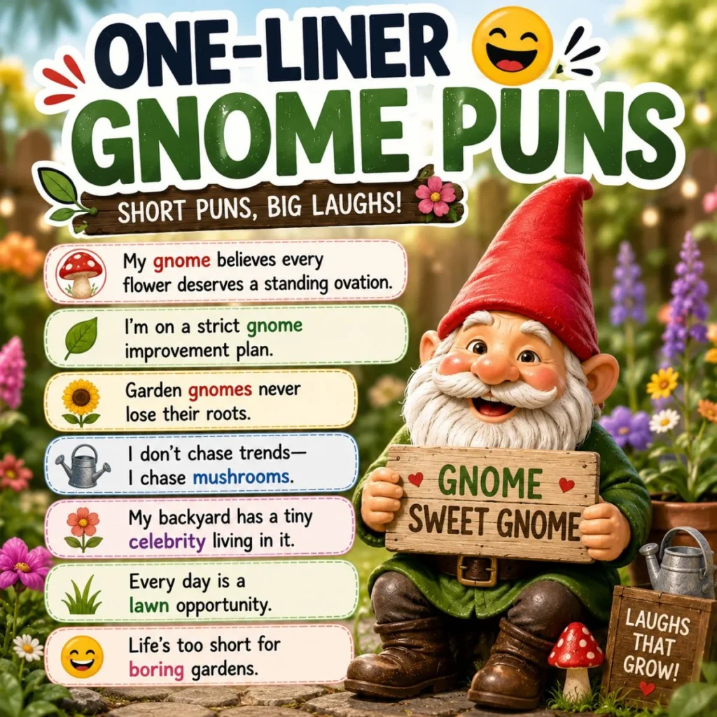 One-liner gnome puns poster with a smiling garden gnome, funny jokes, flowers, and colorful garden illustrations