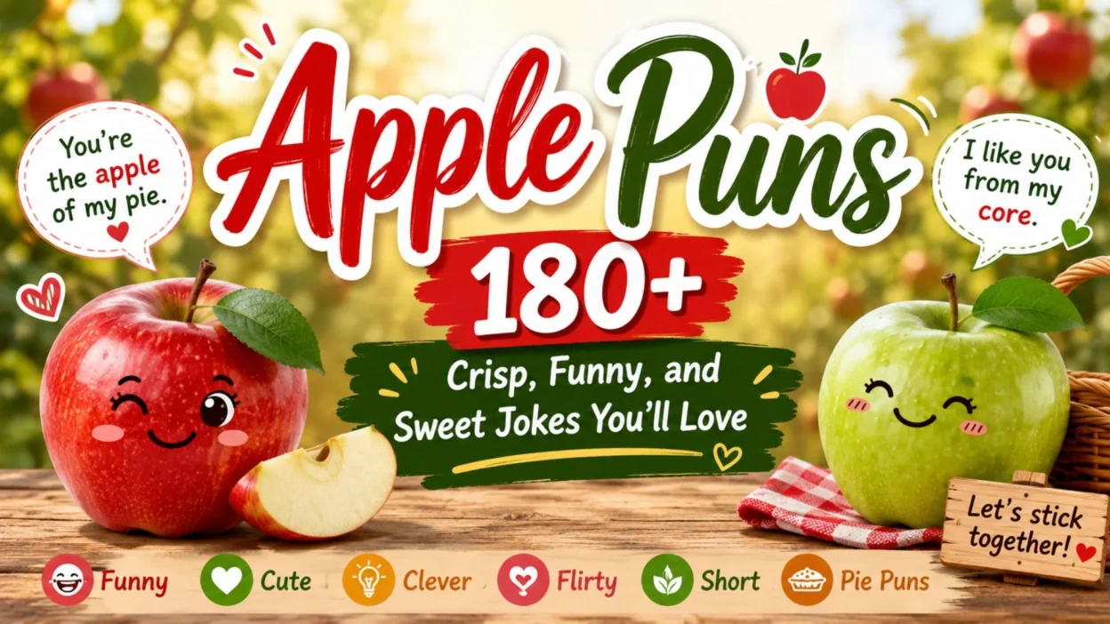 Cute apple puns illustration with smiling red and green apples, funny quotes, and 180+ sweet jokes for every occasion