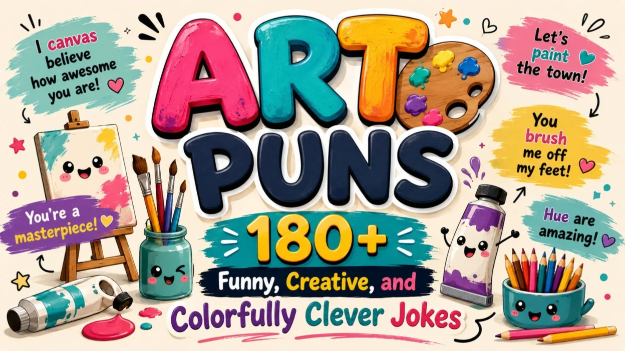 Art puns illustration with paintbrushes, easel, palette, and colorful art jokes for an art puns blog cover
