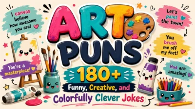 Art puns illustration with paintbrushes, easel, palette, and colorful art jokes for an art puns blog cover