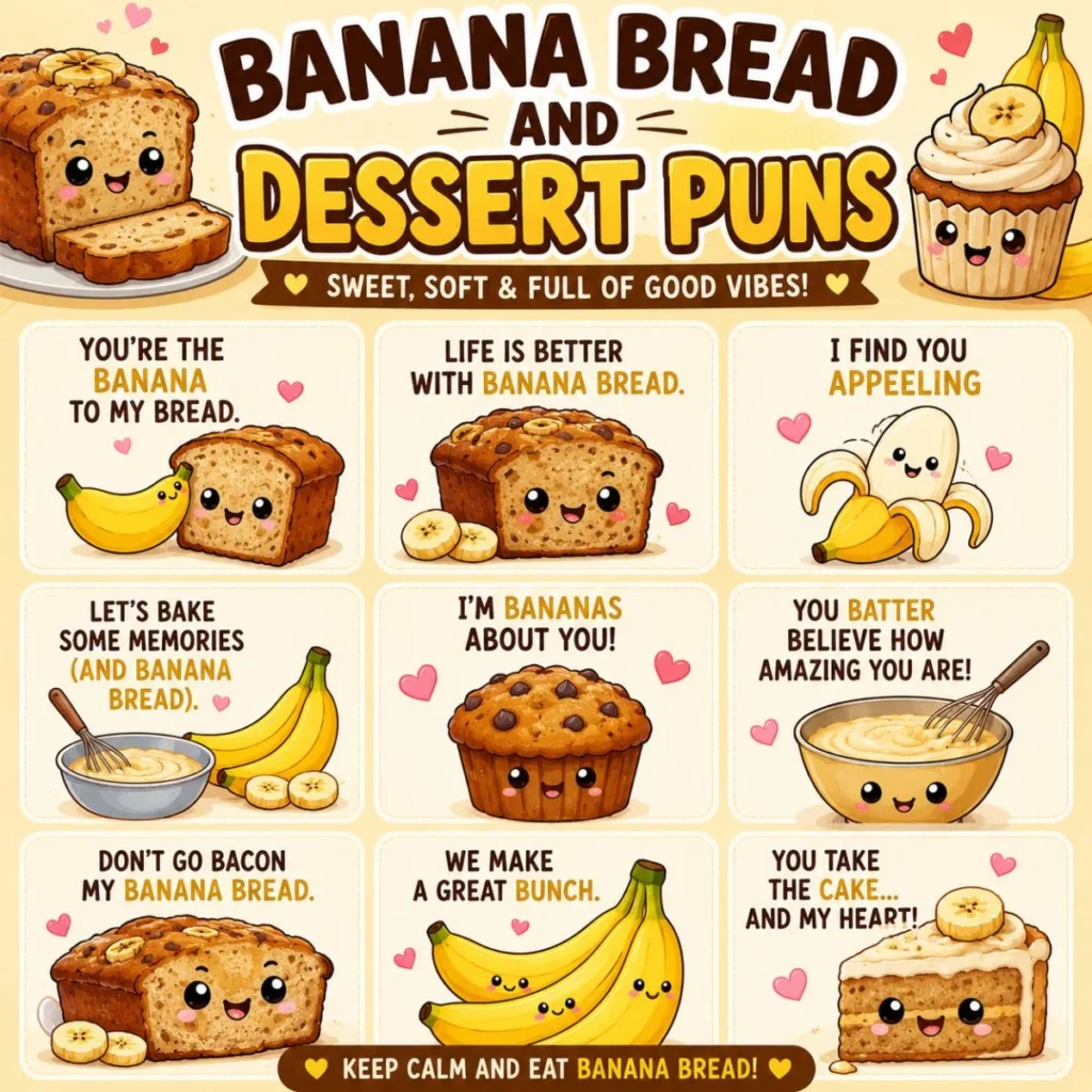 Banana bread and dessert puns infographic with cute cartoon bread, cupcakes, bananas, and funny baking jokes.