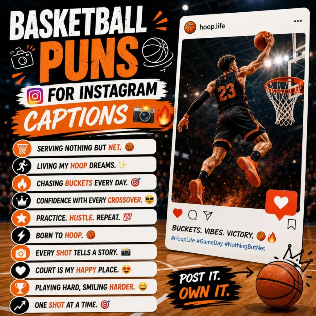 Basketball puns for Instagram captions with a slam dunk player and creative social media caption ideas