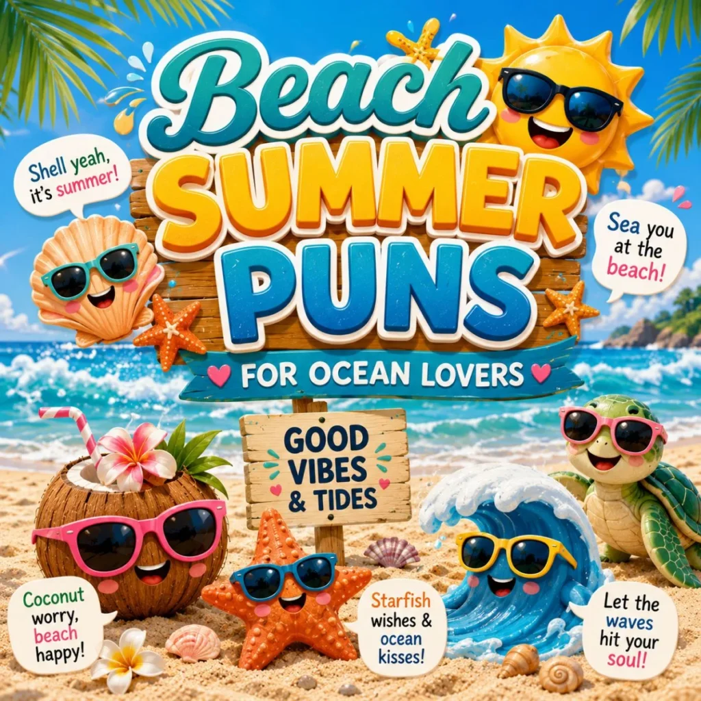 Beach summer puns illustration with ocean waves, seashell, turtle, starfish, coconut, and funny beach jokes