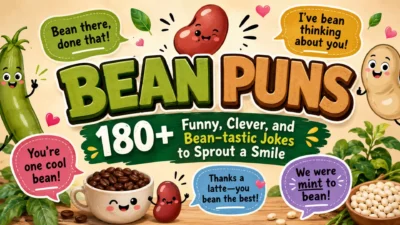 Bean puns illustration with cute bean characters, coffee beans, funny quotes, and colorful typography for bean lovers.