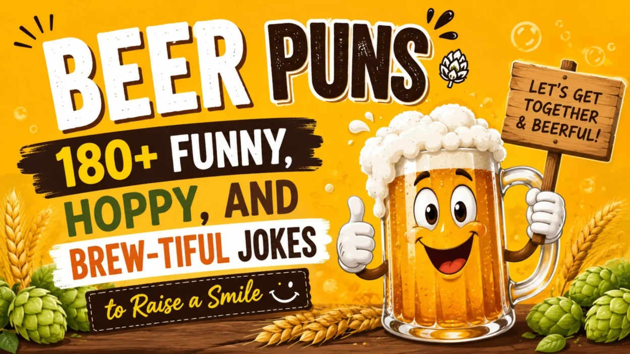 Funny beer puns illustration with a smiling beer mug, hops, and bold typography for a beer jokes collection