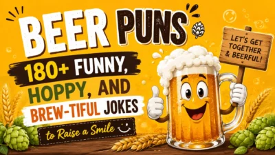 Funny beer puns illustration with a smiling beer mug, hops, and bold typography for a beer jokes collection