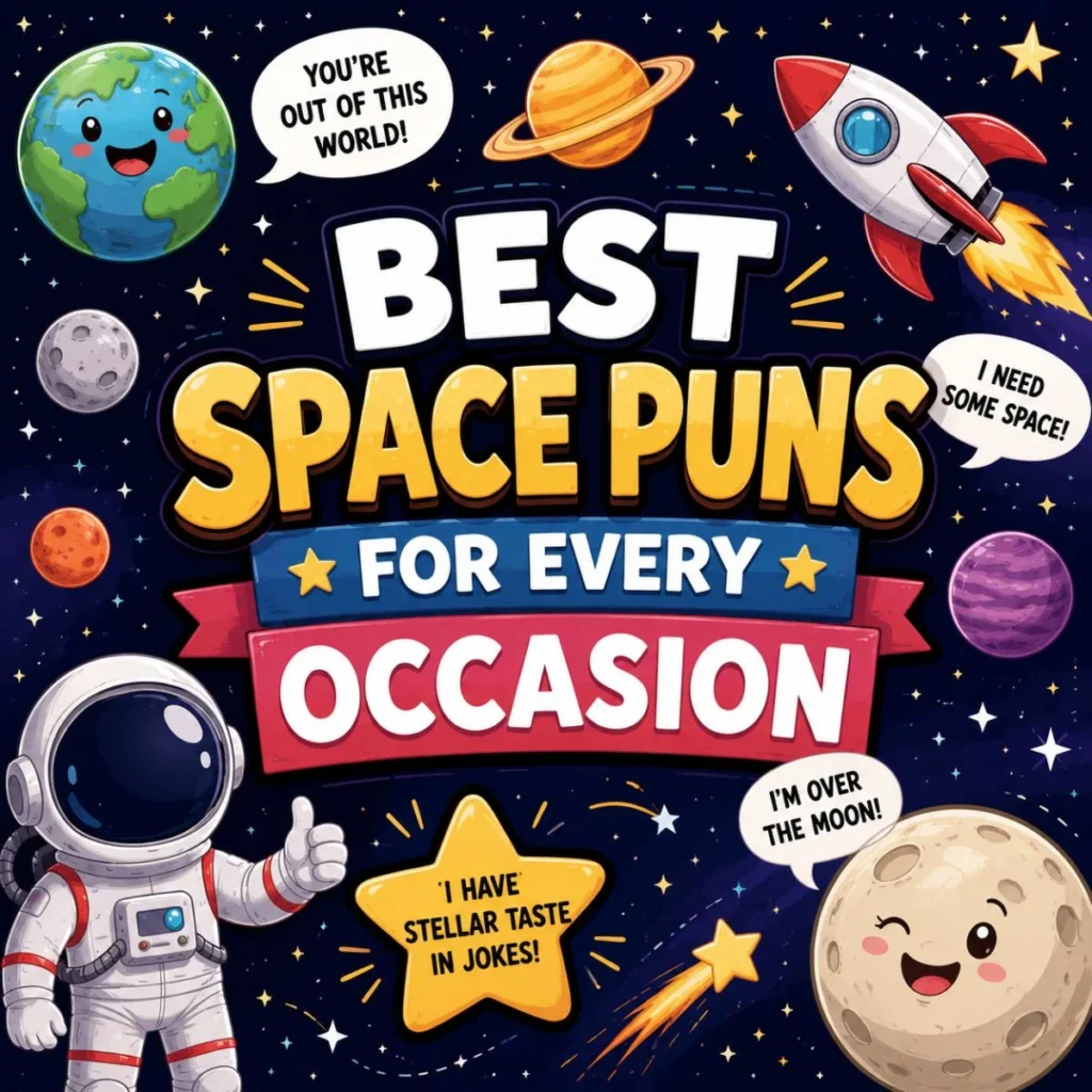 Colorful cartoon featuring an astronaut, rocket, smiling planets, and the best space puns for every occasion