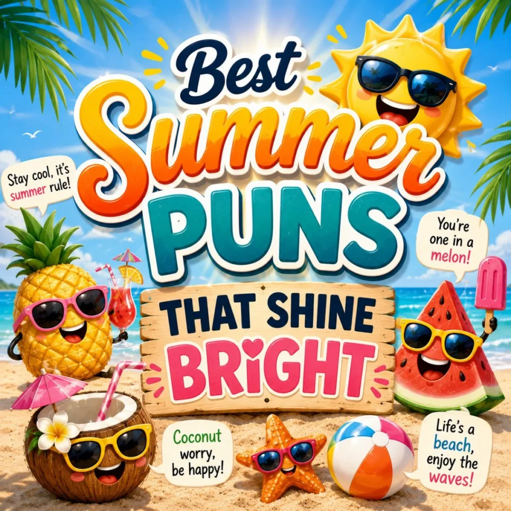Best summer puns illustration with smiling sun, pineapple, watermelon, coconut, beach ball, and bright beach humor