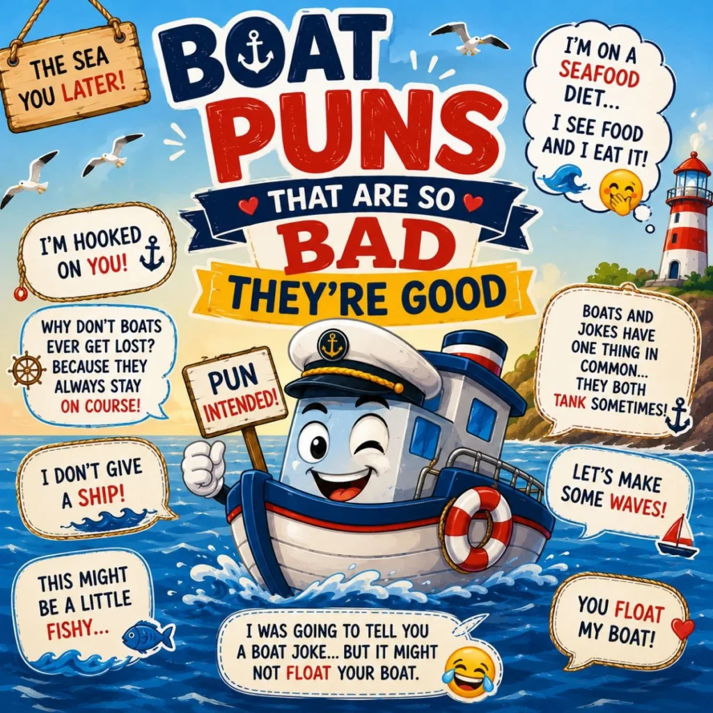 Funny boat puns cartoon with a smiling boat, cheesy nautical jokes, speech bubbles, and playful ocean humor.