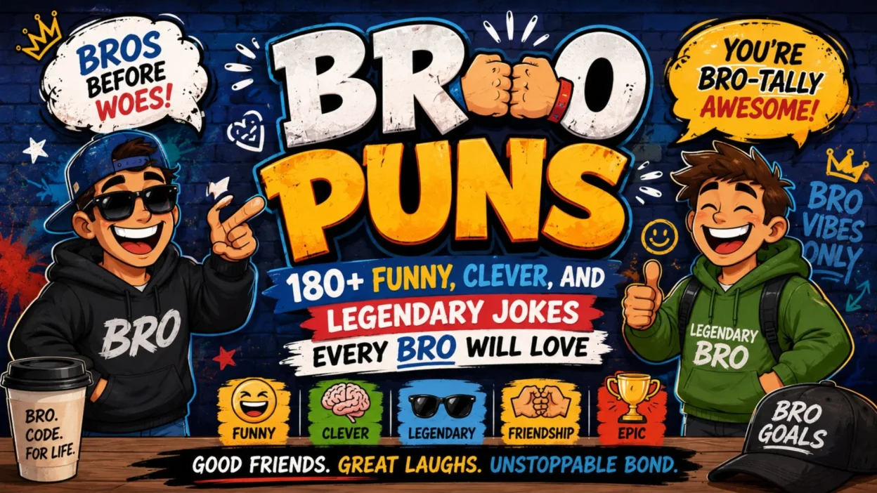 Colorful bro puns poster with cartoon friends, funny quotes, fist bump, and 180+ bro puns for friendship laughs