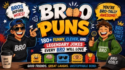 Colorful bro puns poster with cartoon friends, funny quotes, fist bump, and 180+ bro puns for friendship laughs