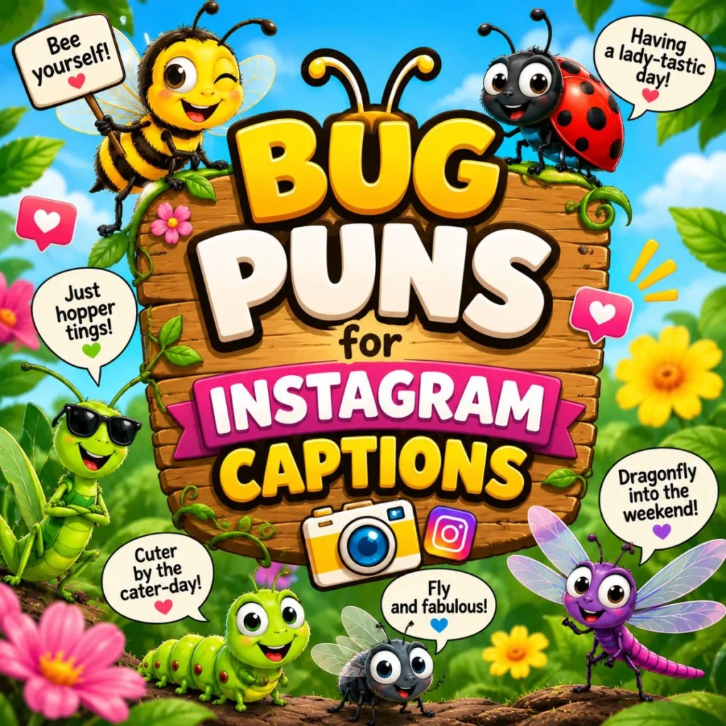 Bug puns for Instagram captions with cute cartoon bee, ladybug, dragonfly, caterpillar, grasshopper, and fly