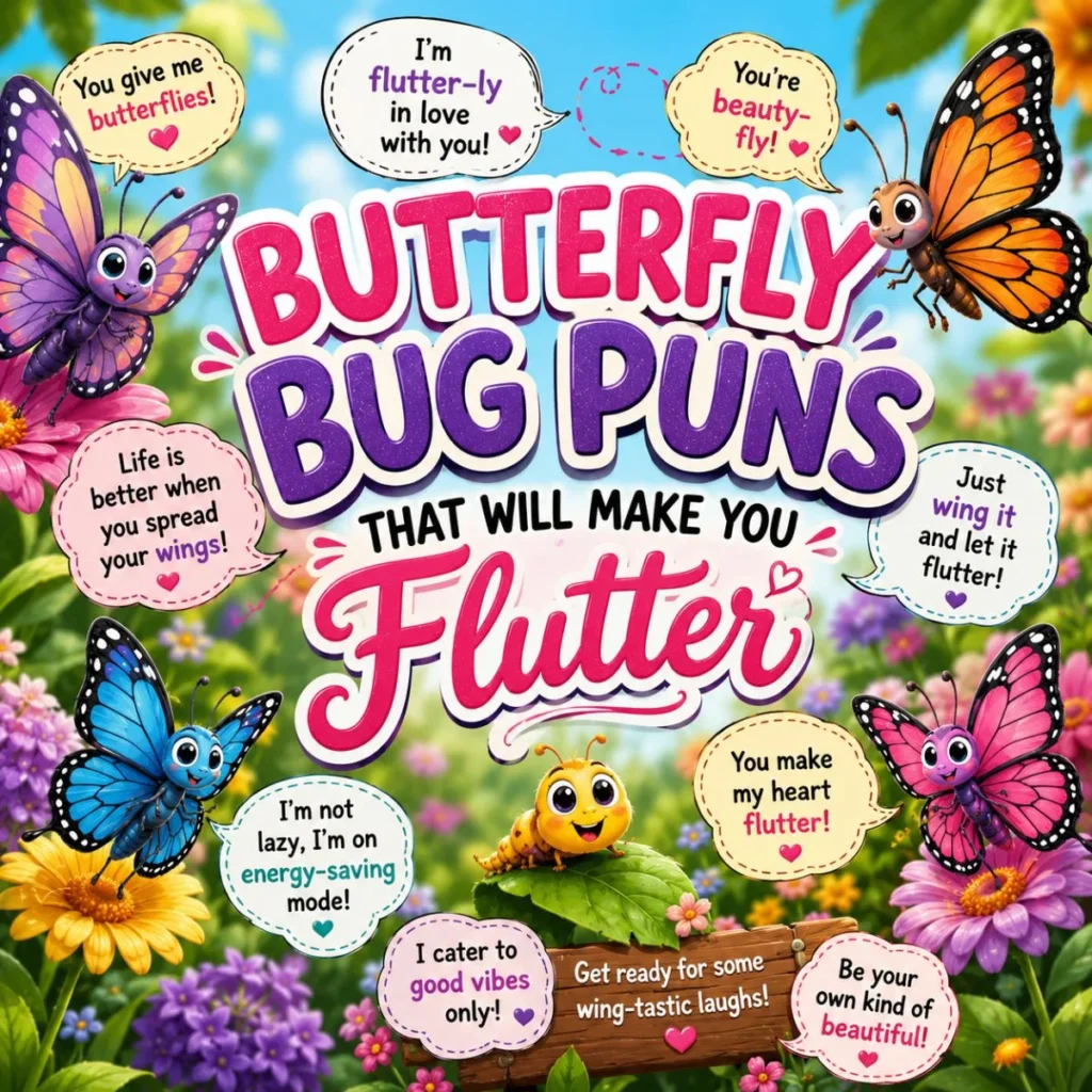 Butterfly bug puns illustration with colorful cartoon butterflies and funny flutter-themed jokes in a vibrant flower garden