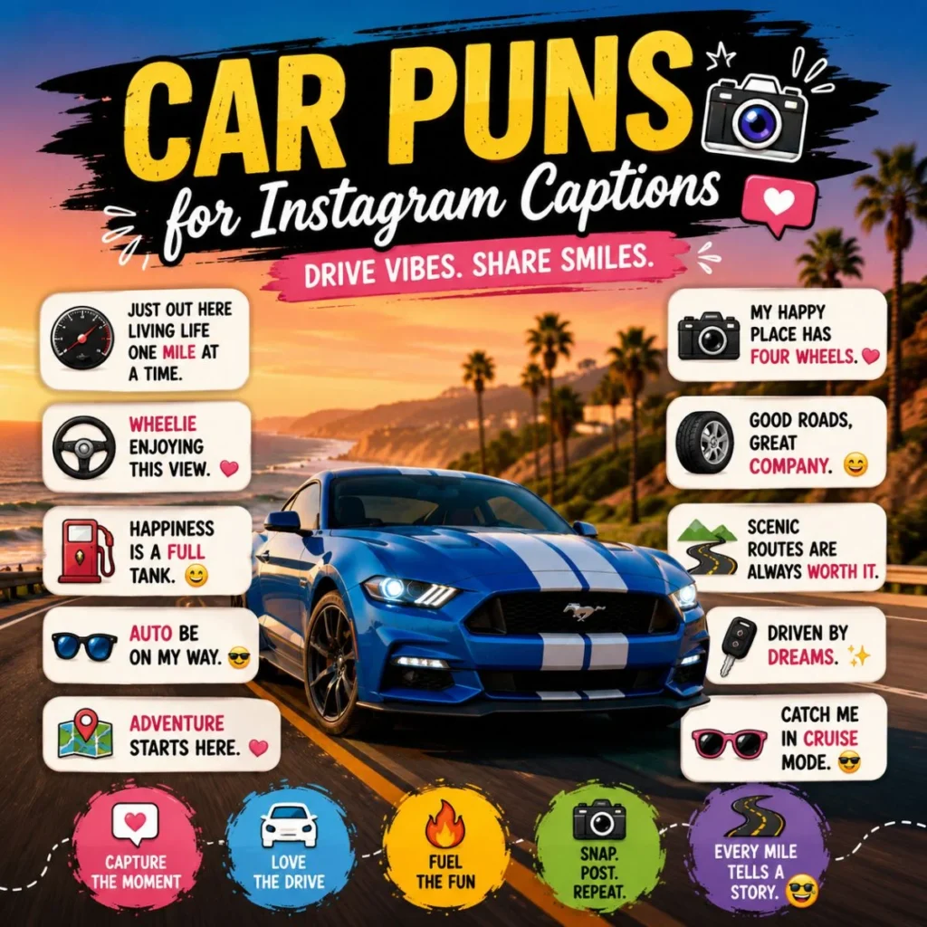 Car puns for Instagram captions featuring a blue sports car with funny driving quotes and road trip-inspired wordplay