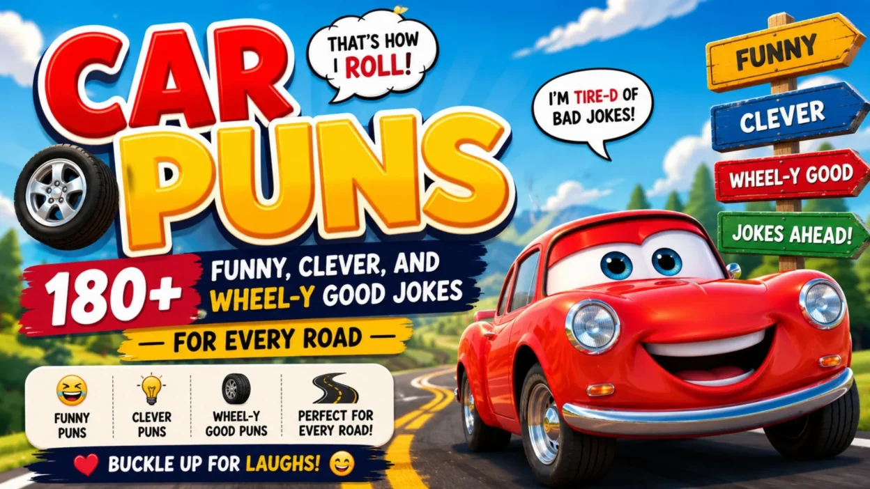Smiling cartoon red car with funny car puns and wheel-y good jokes on a colorful road-themed background