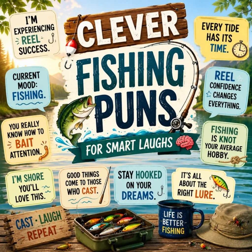Clever fishing puns illustration with funny fish jokes, fishing gear, and a scenic lake background for smart laughs.