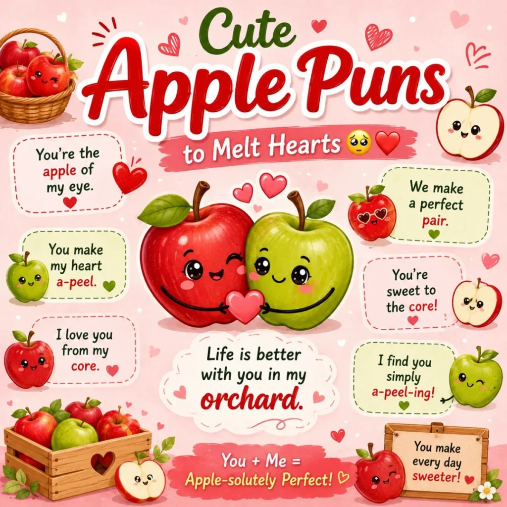 Cute apple puns illustration with smiling red and green apples, sweet love quotes, and heartwarming fruit wordplay