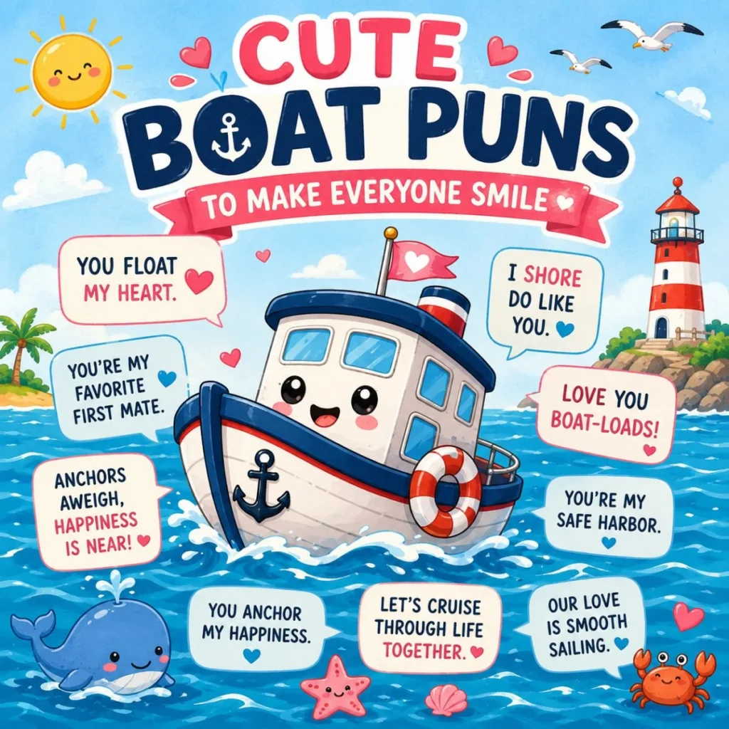 Cute boat puns illustration with a smiling cartoon boat, sweet nautical jokes, hearts, and ocean-themed humor.