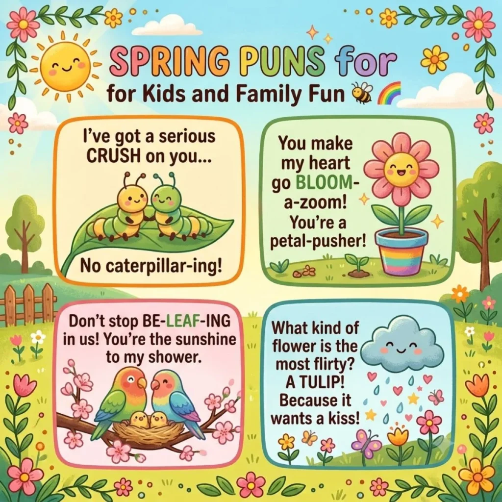 Four illustrated square panels with cute animals and spring puns on a sunny field background.