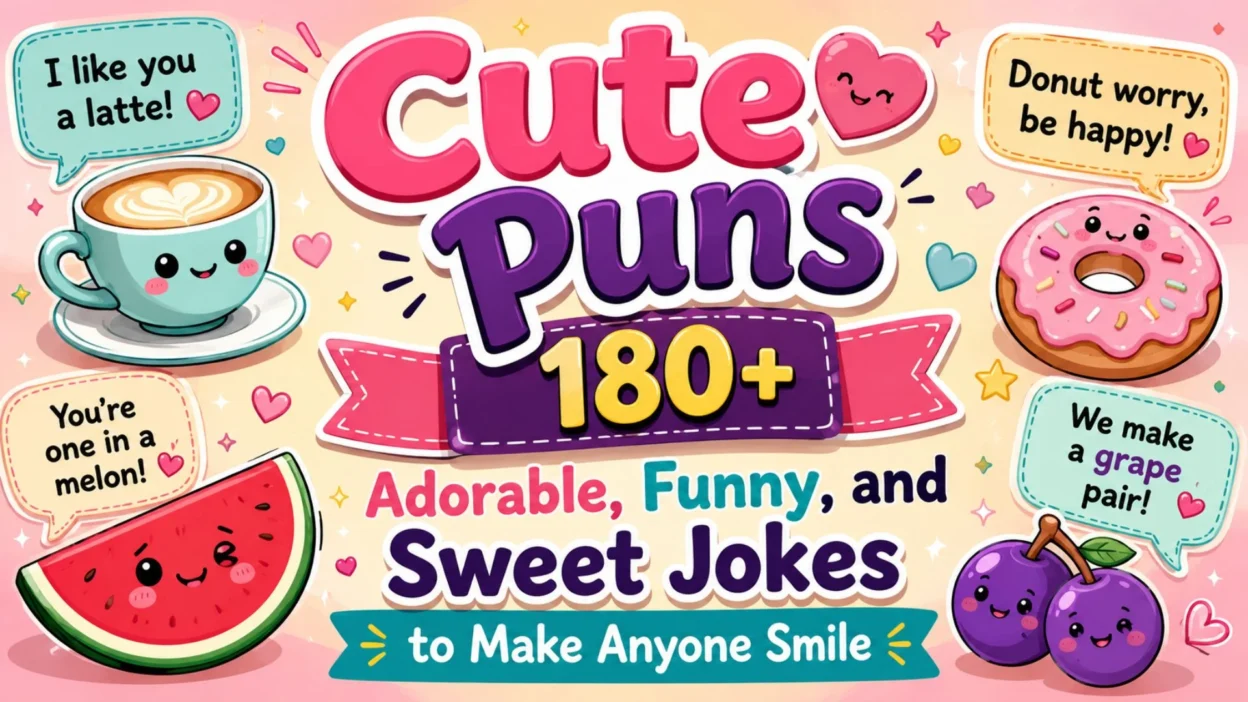Cute puns illustration with adorable food characters and funny wordplay for a cute puns blog cover