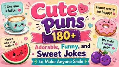 Cute puns illustration with adorable food characters and funny wordplay for a cute puns blog cover