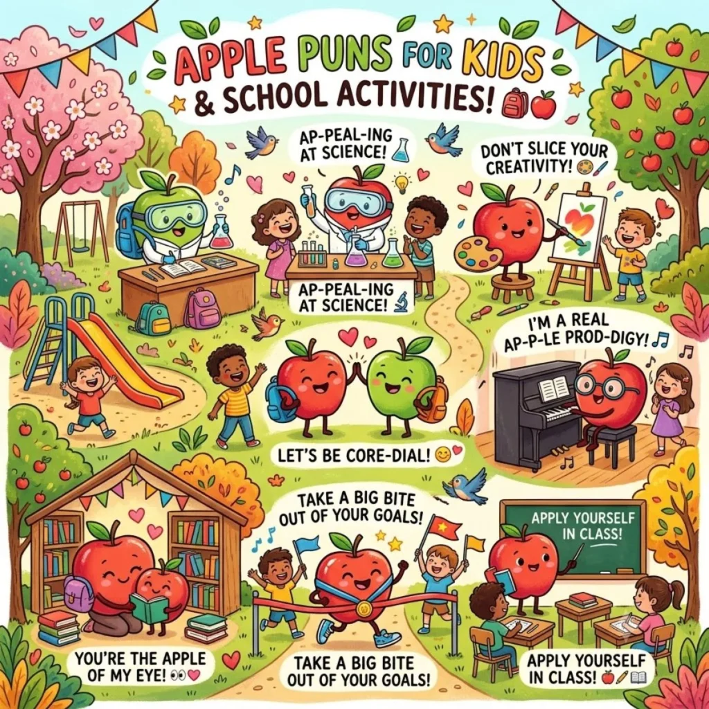 Illustration of cute cartoon apples doing school activities like science, art, and reading with motivational puns.