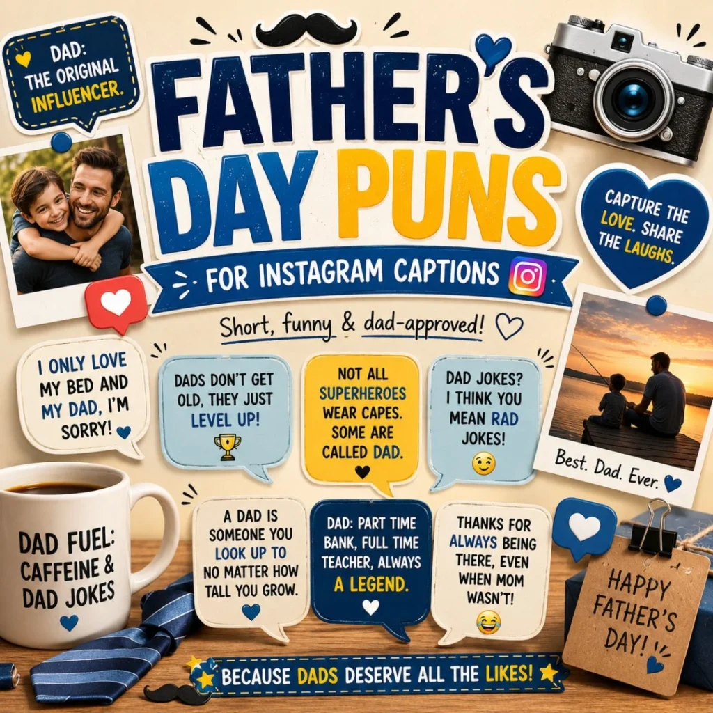 Father's Day Instagram captions illustration with dad photos, camera, coffee mug, and funny Father's Day puns