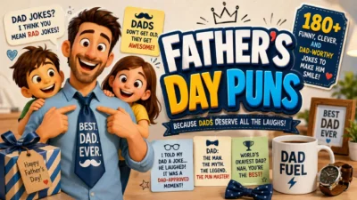 Father's Day puns illustration with smiling dad, happy kids, coffee mug, gift box, and funny dad jokes collection
