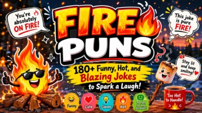 Colorful fire puns illustration with cartoon flames, marshmallow, and 180+ funny, hot, and blazing jokes for laughs