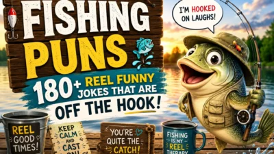 Funny fishing puns illustration with a happy fish, fishing rod, and reel-themed jokes by a scenic lake.