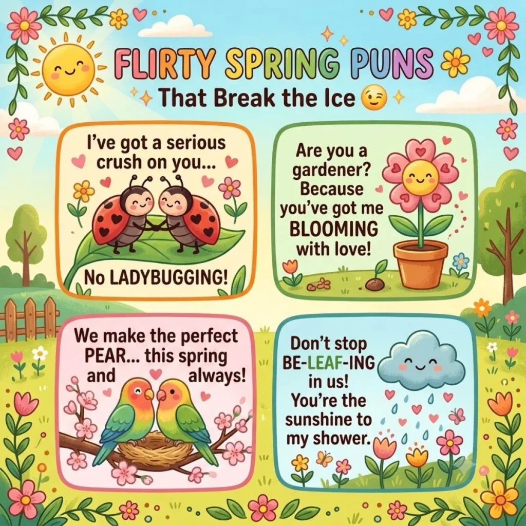 Four illustrated square panels with flirty spring puns and cartoon bees, ladybugs, and flowers.