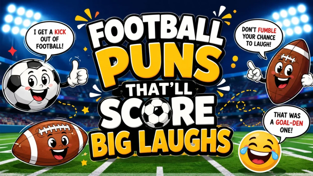 Football puns that’ll score big laughs poster with soccer and American football cartoons in a bright stadium scene.