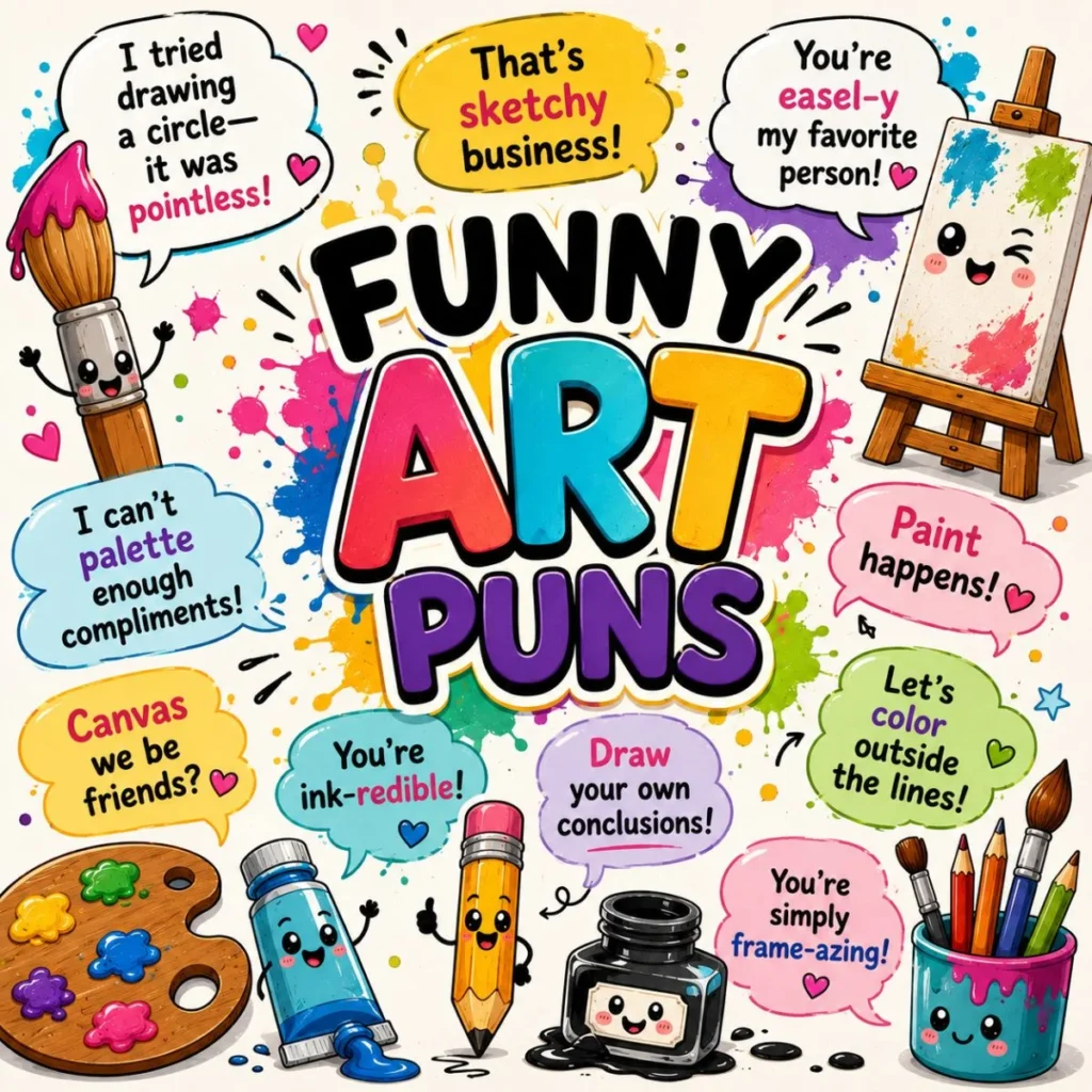 Funny art puns illustration with colorful paint supplies, smiling art tools, and creative jokes for artists