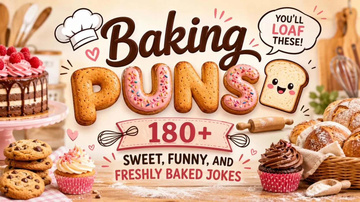 Colorful baking puns banner with bread, cupcakes, cookies, and playful bakery-themed typography for funny baking jokes