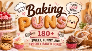 Colorful baking puns banner with bread, cupcakes, cookies, and playful bakery-themed typography for funny baking jokes