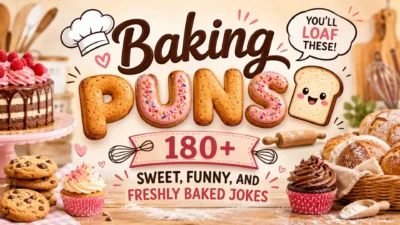 Colorful baking puns banner with bread, cupcakes, cookies, and playful bakery-themed typography for funny baking jokes