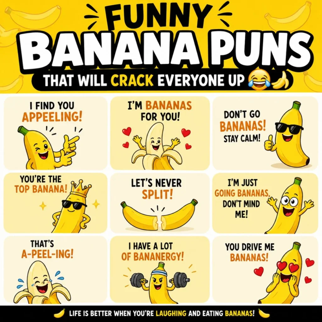 Funny banana puns infographic with cute cartoon bananas and hilarious jokes for social media, blogs, and family fun.