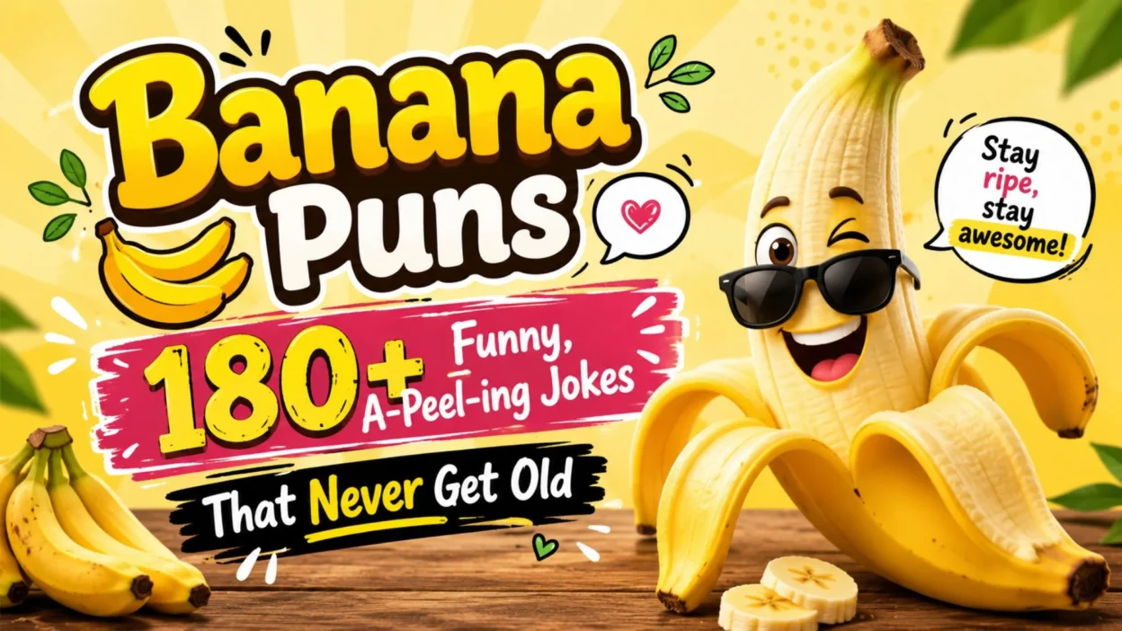 Smiling cartoon banana with sunglasses promoting 180+ funny banana puns on a bright yellow playful background.