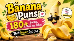 Smiling cartoon banana with sunglasses promoting 180+ funny banana puns on a bright yellow playful background.