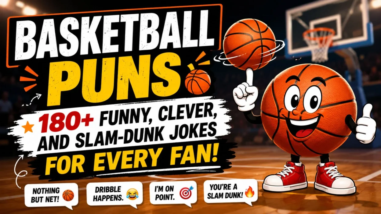 Smiling cartoon basketball spinning a ball on a court with basketball puns and funny slam-dunk jokes for fans