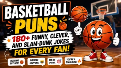 Smiling cartoon basketball spinning a ball on a court with basketball puns and funny slam-dunk jokes for fans