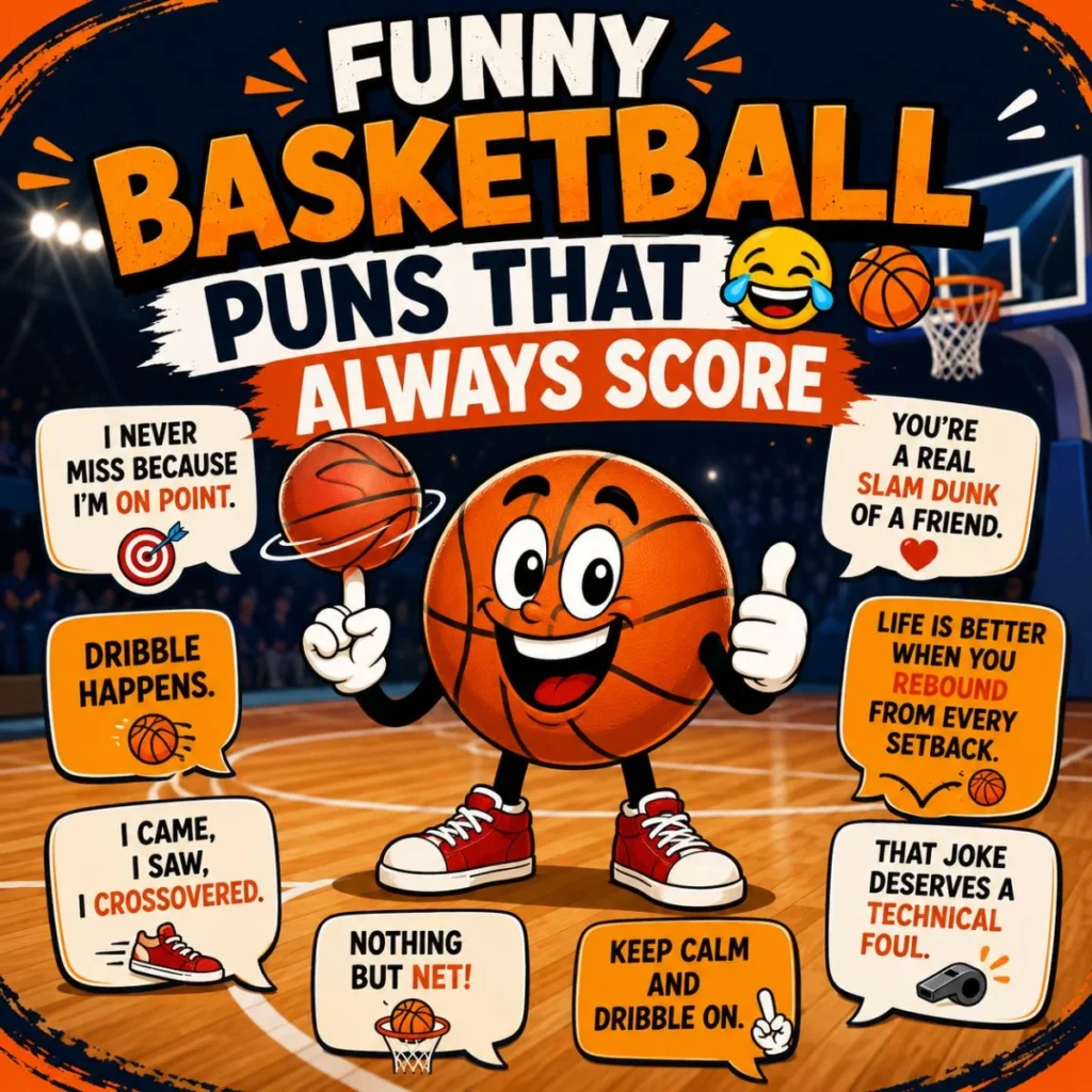 Funny basketball puns poster with a smiling cartoon basketball mascot and slam dunk jokes on a basketball court