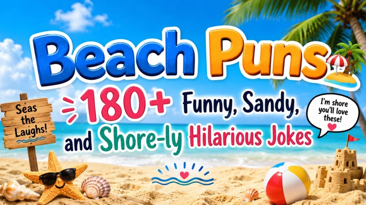 Colorful beach puns banner with tropical beach, palm trees, seashells, and funny summer jokes for beach lovers.