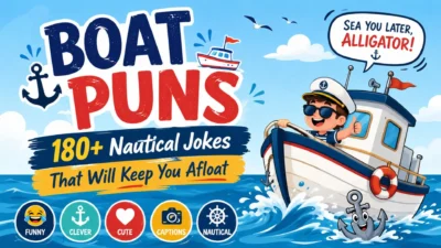Colorful boat puns illustration with a cartoon captain, sailing boat, and 180+ funny nautical jokes for ocean humor lovers.