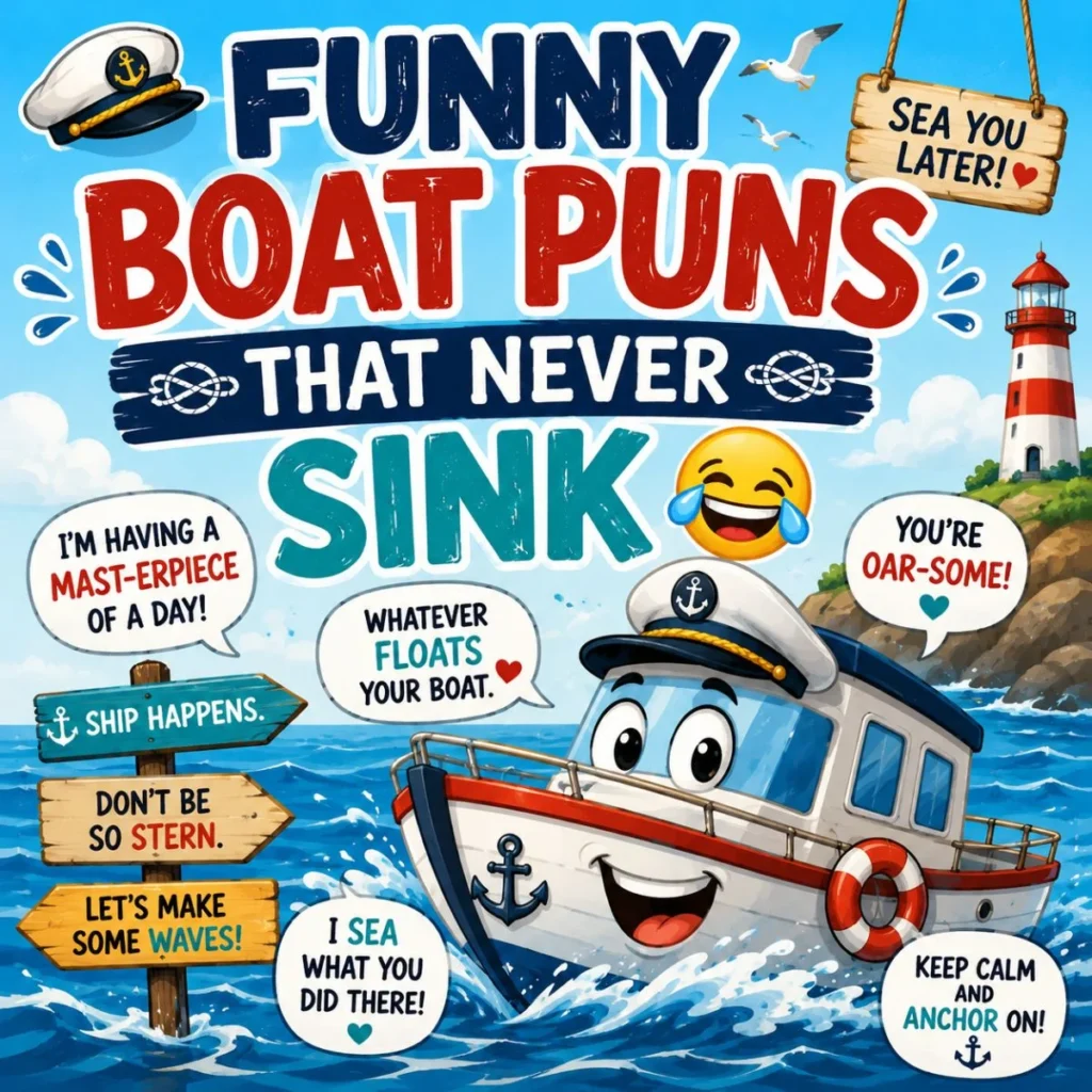 Funny boat puns illustration with a smiling cartoon boat, nautical jokes, ocean waves, and playful sailing humor.