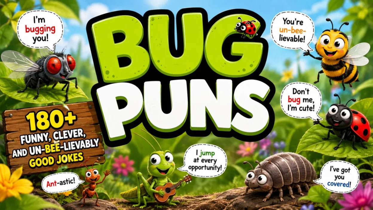Funny bug puns banner with cartoon bee, ladybug, fly, ant, grasshopper, and pill bug sharing clever insect jokes