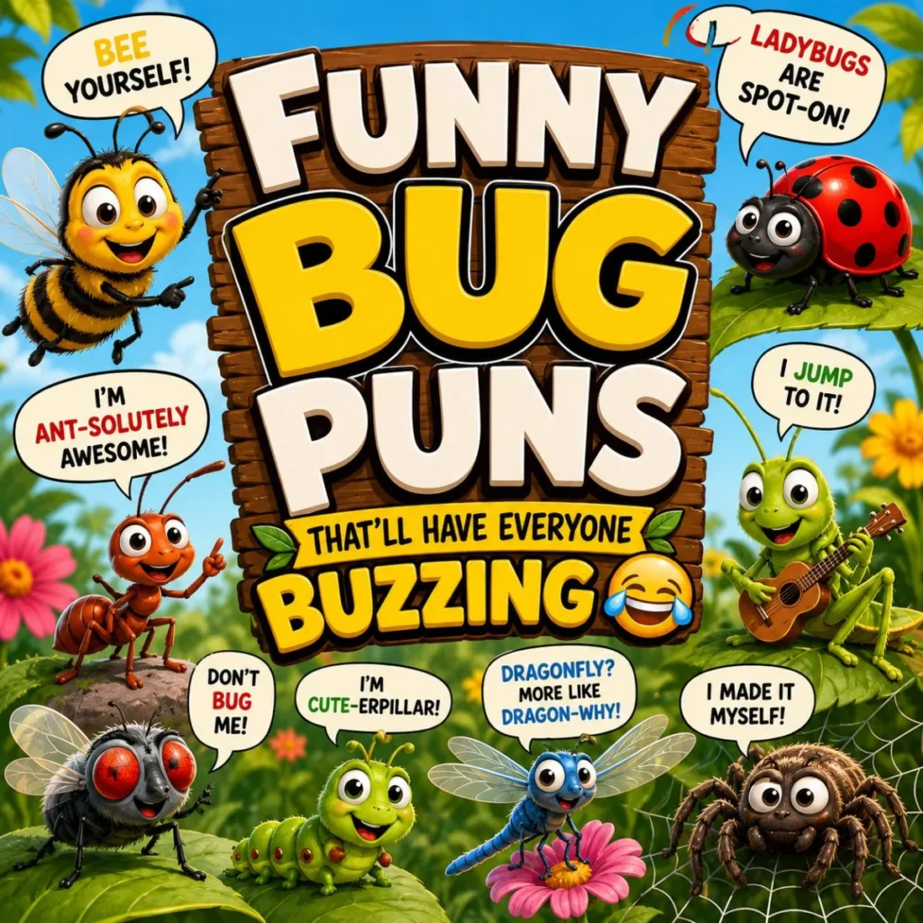 Funny bug puns square graphic with cartoon bee, ladybug, ant, dragonfly, caterpillar, fly, grasshopper, and spider