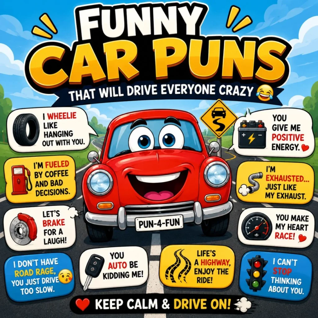 Funny car puns poster with a smiling cartoon car and wheel-y good jokes for road trips, captions, and laughs